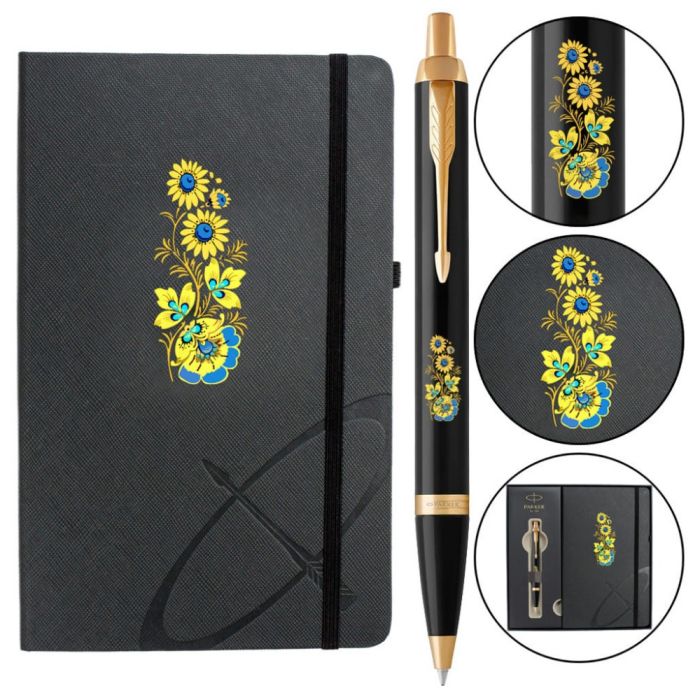 Ручка кулькова Parker IM 17 UKRAINE Black GT BP Квіти + блокнот Parker + подар.упак. GIFT24 (22032b24_T1050u)